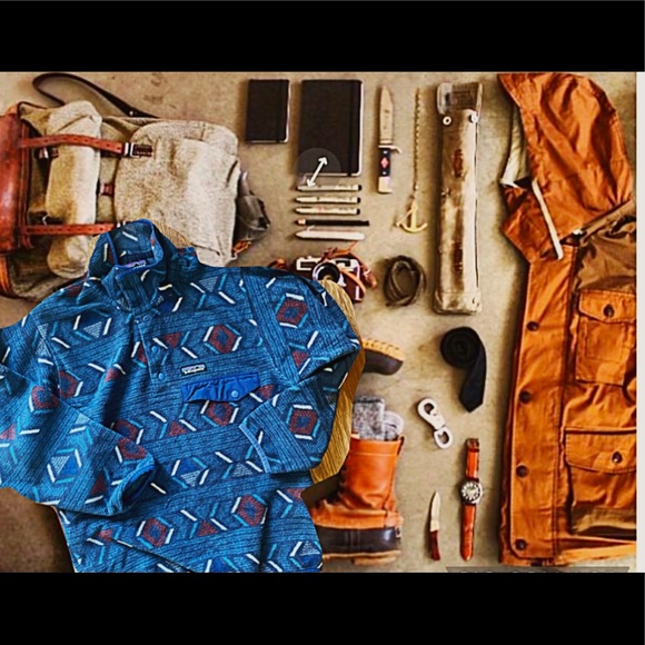 RARE Patagonia Aztec tribal fleece jacket coat print pattern geo intarsia blue - Picture 1 of 5